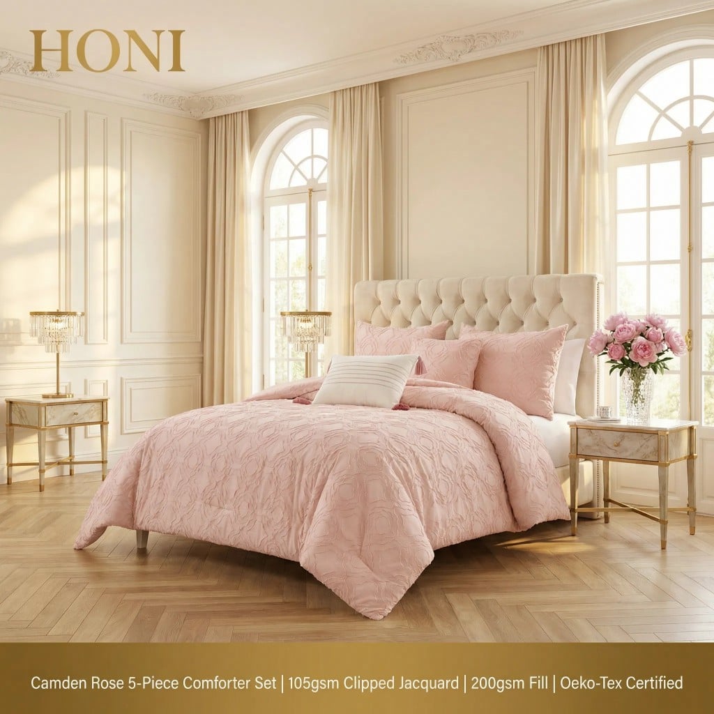 HONI Camden Rose 5-Piece Comforter Set – Pink Clipped Jacquard, 200gsm Fill, Oeko-Tex Certified