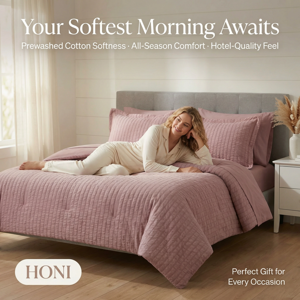 Premium 5-Piece Comforter Set – 110gsm Textured Striped Brushed Cotton & 75gsm Microfiber Fill