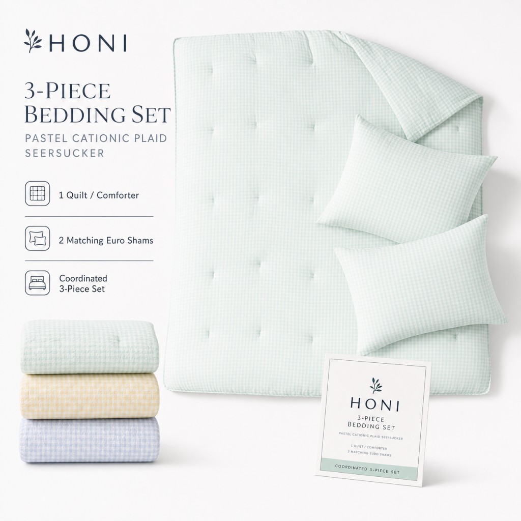 HONI Cationic Plaid Seersucker Comforter – 3-Piece Full/Queen – 135gsm Triple-Spray Cationic Fabric with 95gsm Washed Dyed Reverse