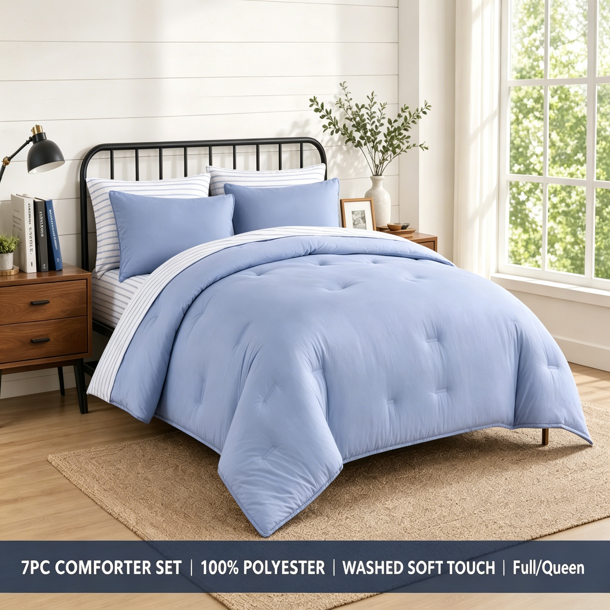 HONI 90 gsm Washed Printed Comforter Set + 85gsm Sheet Set – 7-Piece Full/Queen Size, 100% Polyester, Soft Touch, HONI Home Collection