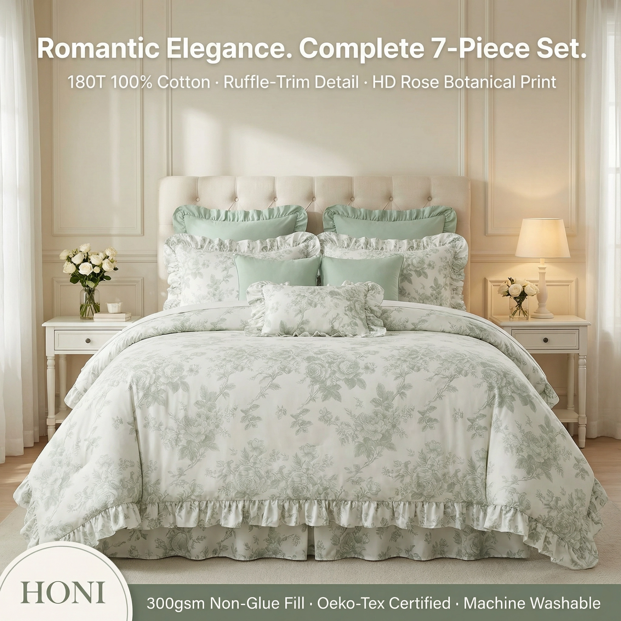 HONI Romantic Elegance 180T 100% Cotton 7-Piece Bedding Set – HD Rose Print, Ruffle Trim & Non-Glue Fill