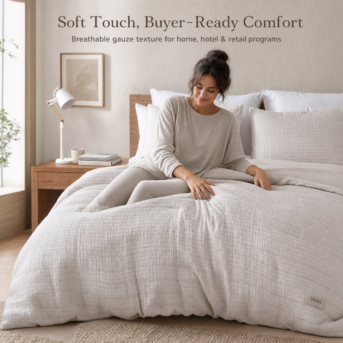 HONI 190gsm Striped Three-Layer Gauze + 85gsm Washed Brushed Fabric Duvet Cover Set – Soft Touch, Breathable & Buyer-Ready Comfort for Home, Hotel & Retail