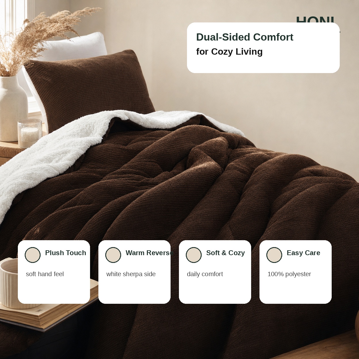 HONI 260gsm Piano Stripe Chenille & 180gsm Sherpa Reversible Comforter Set – Plush Warmth, Two-Sided Style, 3PC Set