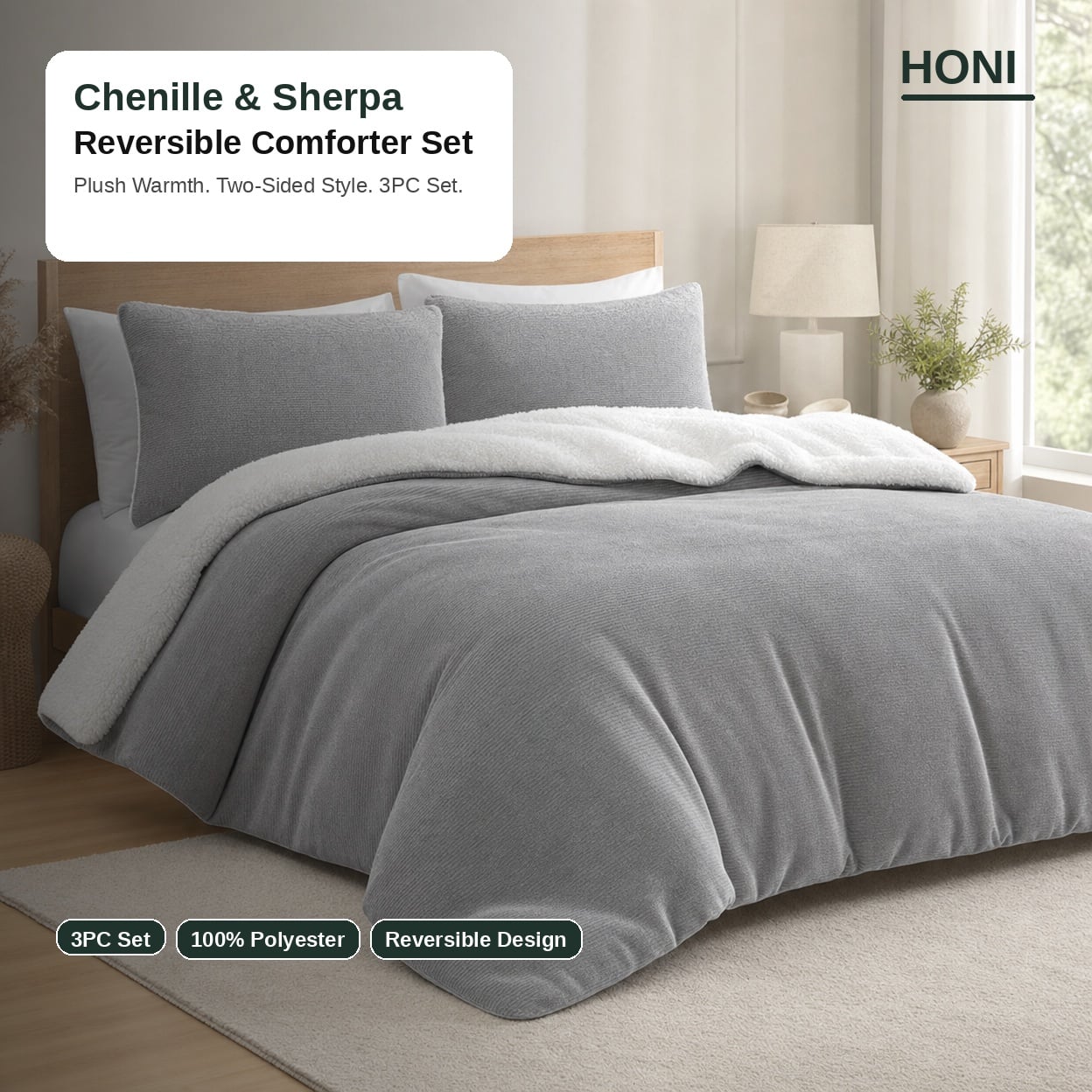 HONI 260gsm Piano Stripe Chenille & 180gsm Sherpa Reversible Comforter Set – Plush Warmth, Two-Sided Style, 3PC Set