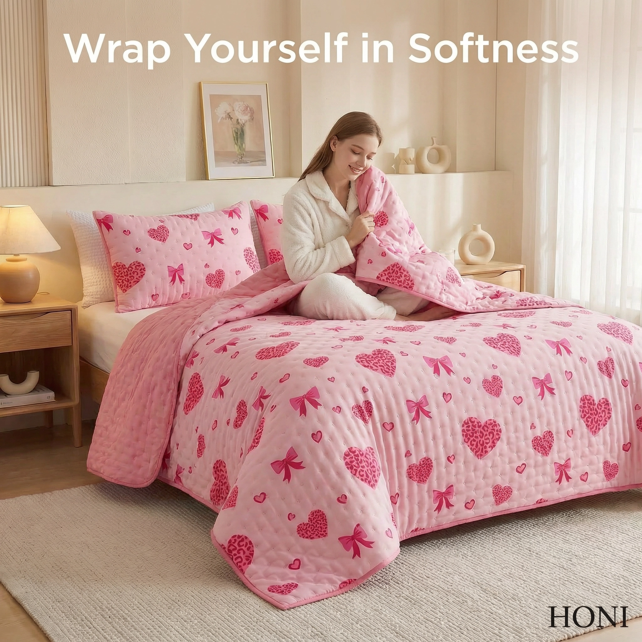 HONI 80gsm Printed Quilt – Bow Tie + Blush Pink