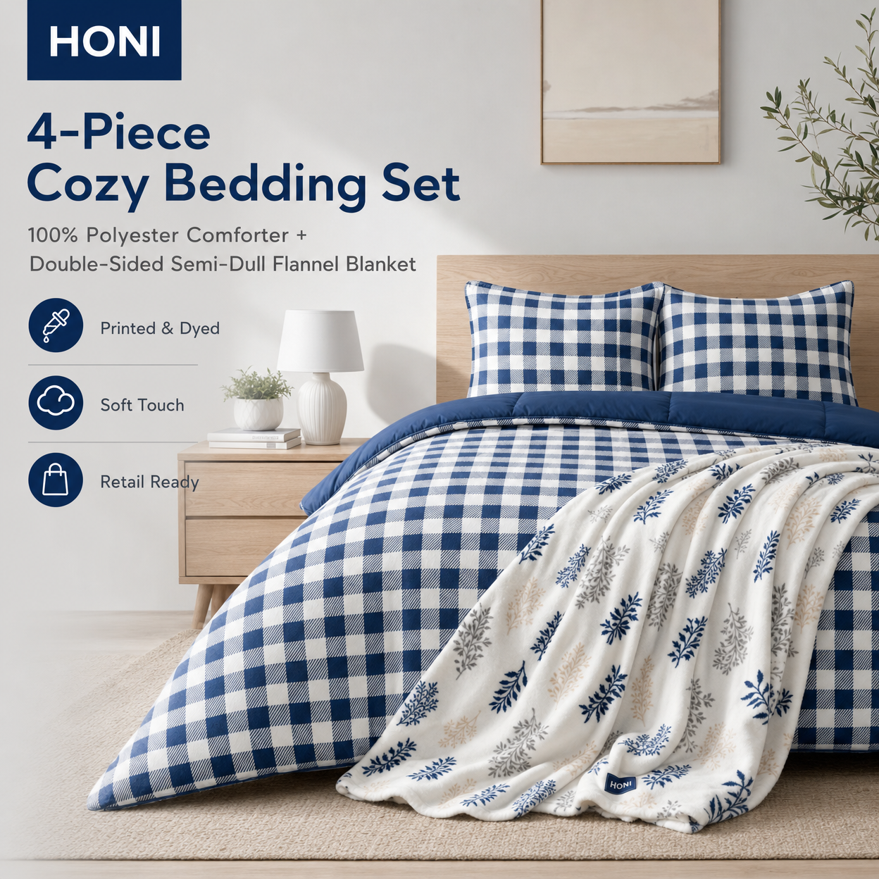 HONI 4-Piece Bedding Set-95gsm Printed & Dyed Quilt + 260gsm Double-Side Semi-Dull Flannel Blanket | Soft, Warm& Giftable for Real Homes