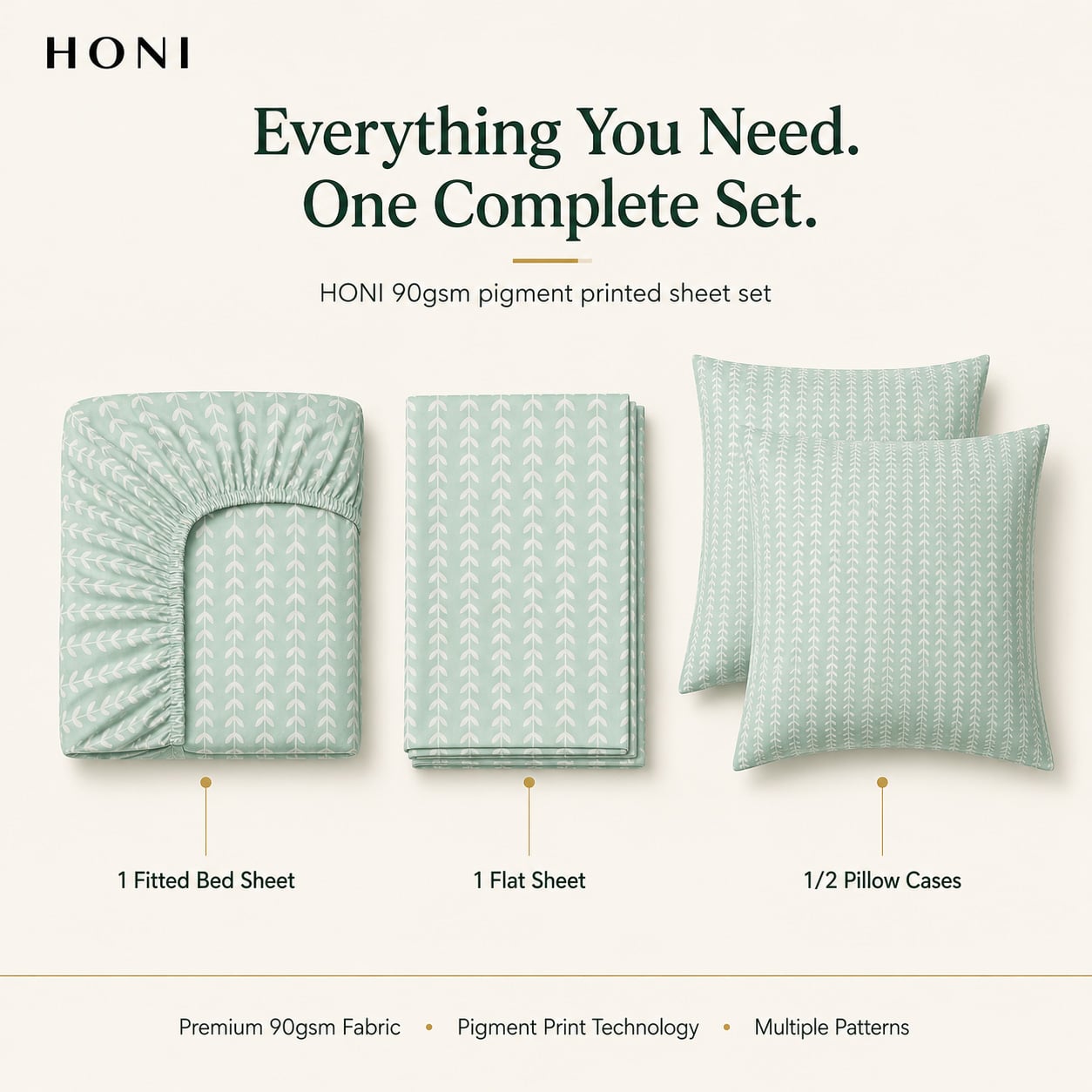 HONI 90gsm Pigment Printed Sheet Set – 4/6 Pieces – Multiple Colors & Custom Options Available