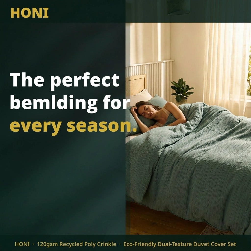 HONI 120gsm Recycled Poly Crinkle Duvet Cover Set – Eco-Friendly Dual-Texture Bedding for All Seasons