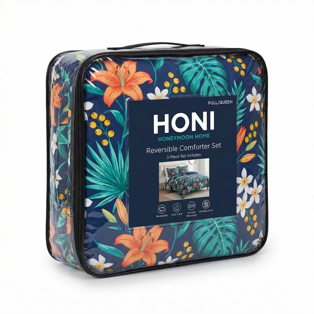 HONI 90 gsm Reversible Peached Microfiber Comforter Set – Antibacterial, Breathable & Fade-Resistant – Tropical Floral / Mint Stripe (3 Pcs)