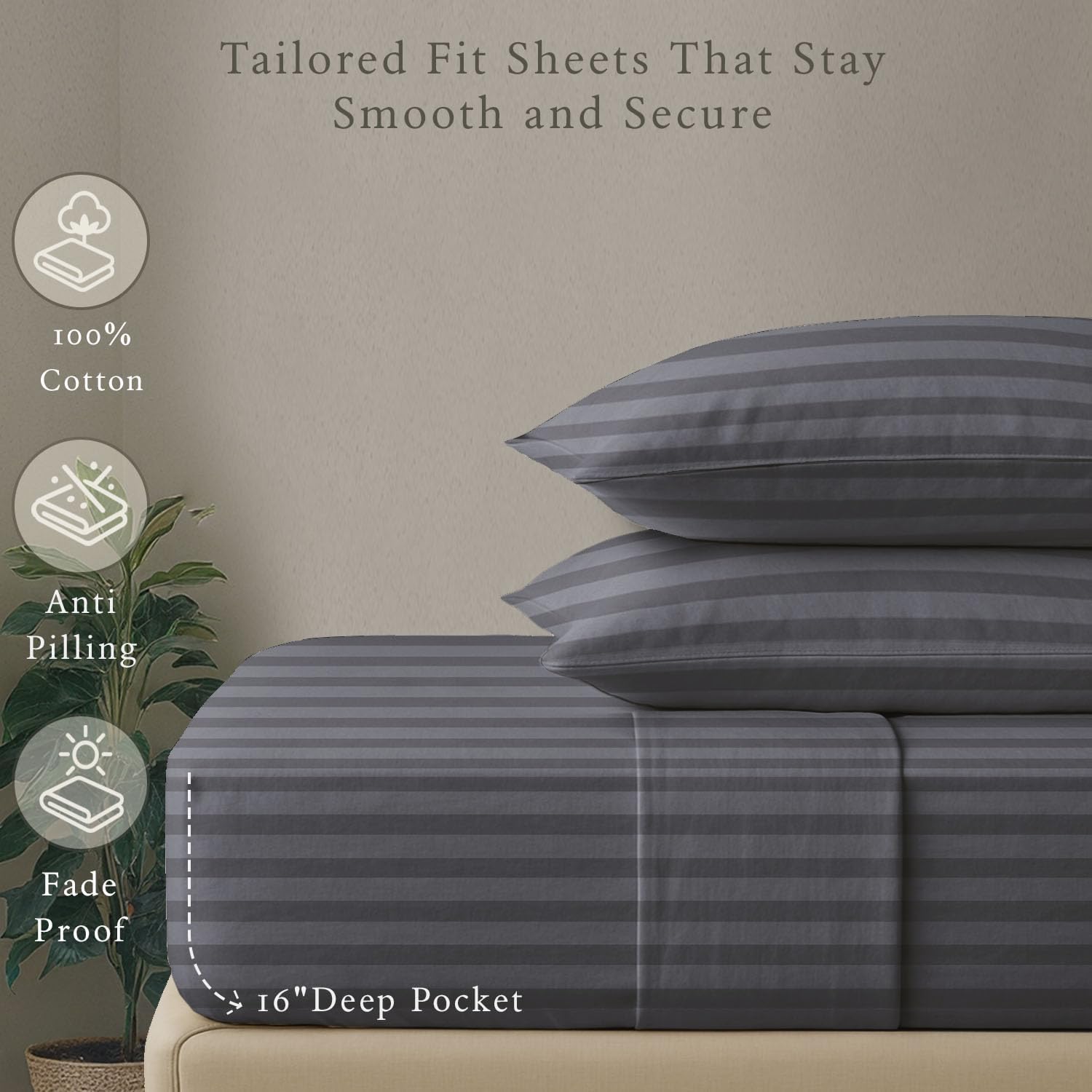 HONI 340TC 100% Cotton Satin Stripe Sheet Set– Deep Pocket 35cm, Hotel Quality, OEKO-TEX® Certified
