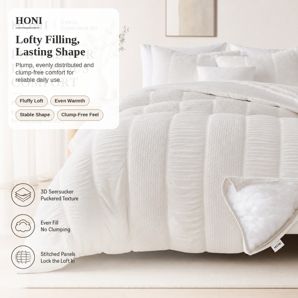 HONI Luxury 5-Piece Seersucker Comforter & Cushion Cover Set Dyed Fine-Stripe Front | Brushed Soft Reverse | 105gsm / 75gsm