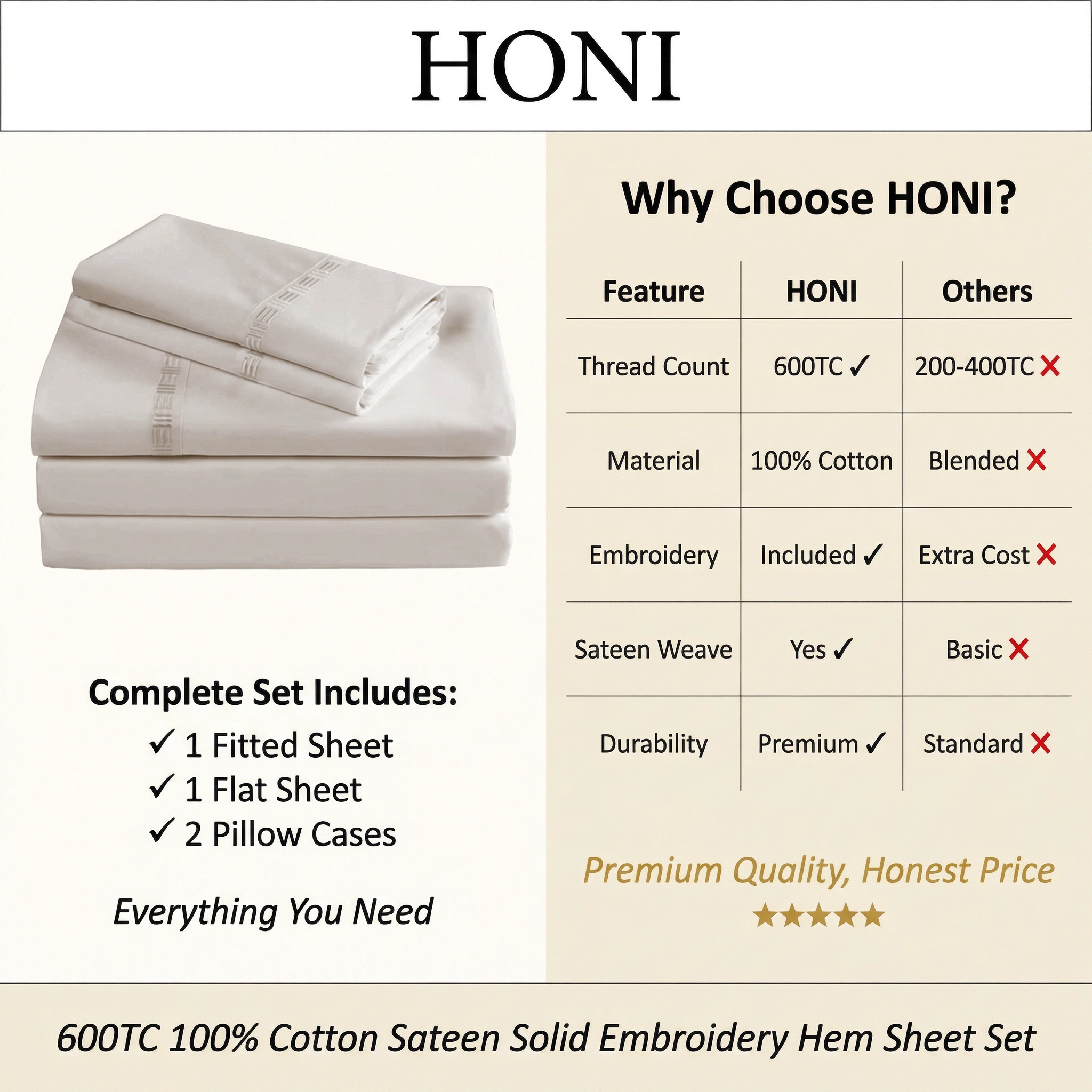 HONI 600TC Long Staple Cotton Sateen Sheet Set – Cloud-Like Comfort with Elegant Embroidery Hem