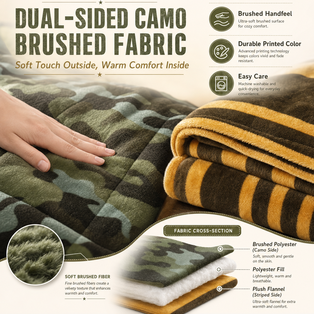 5-Piece Camo Comfort Quilt Set – 95gsm Inkjet & Dyed Quilt + 260gsm Double-Sided Semi-Dull Flannel Blanket + 95gsm Printed Throw Pillows – Retail-Ready Polyester Bedding Set