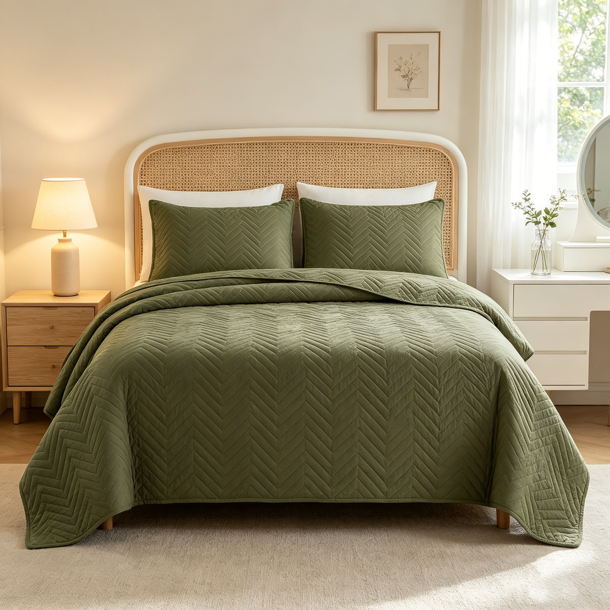 80gsm Brushed Fabric Bedspread Set –Olive Green |OEM/ODM 3-Piece Bed Cover Set for Twin/Full/Queen/King