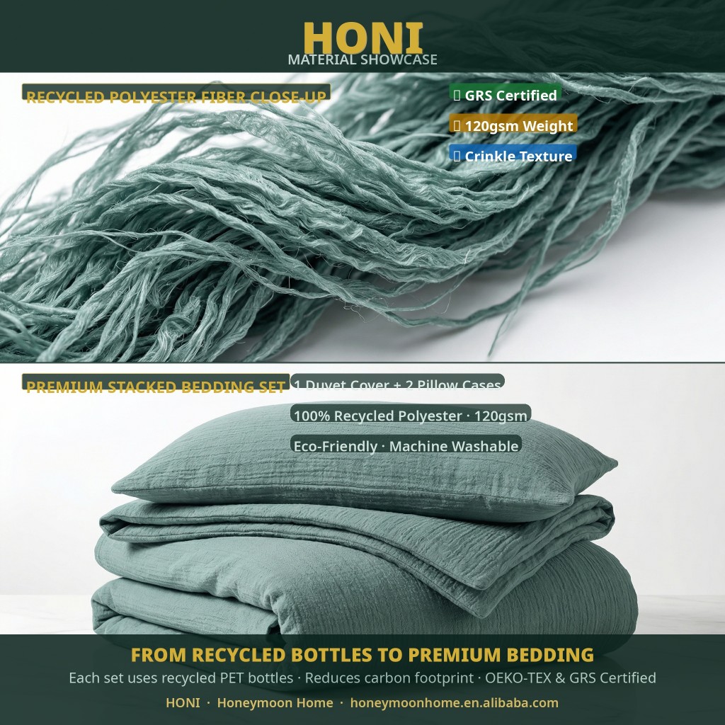 HONI 120gsm Recycled Poly Crinkle Duvet Cover Set – Eco-Friendly Dual-Texture Bedding for All Seasons