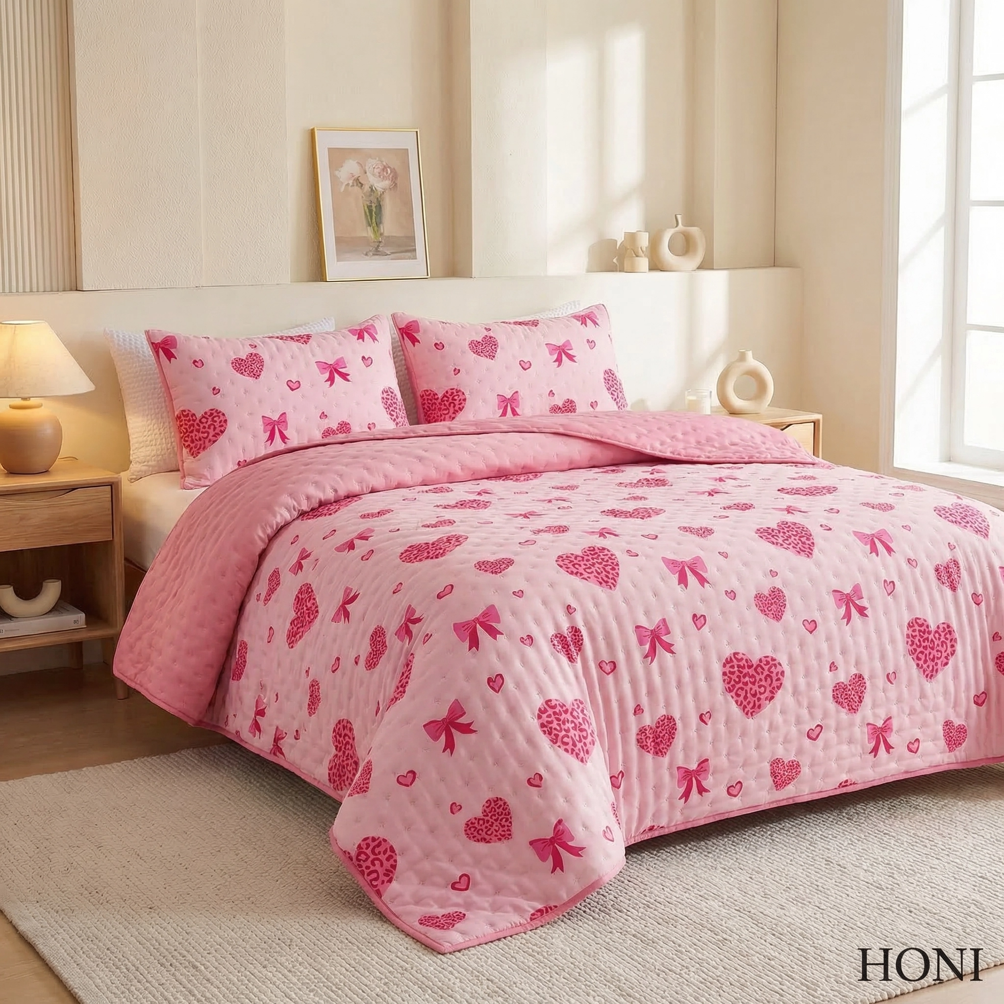 HONI 80gsm Printed Quilt – Bow Tie + Blush Pink
