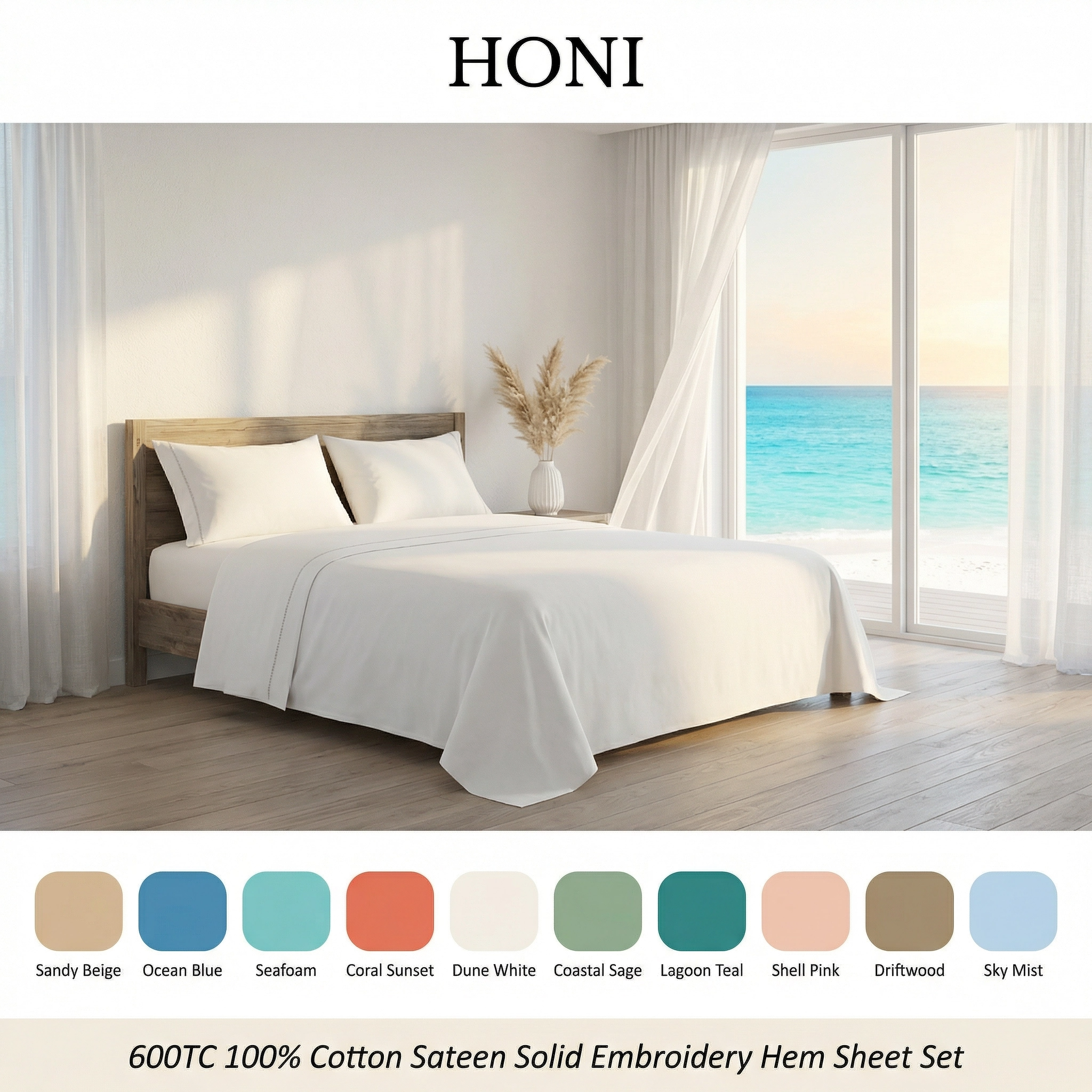 HONI 600TC Long Staple Cotton Sateen Sheet Set – Cloud-Like Comfort with Elegant Embroidery Hem