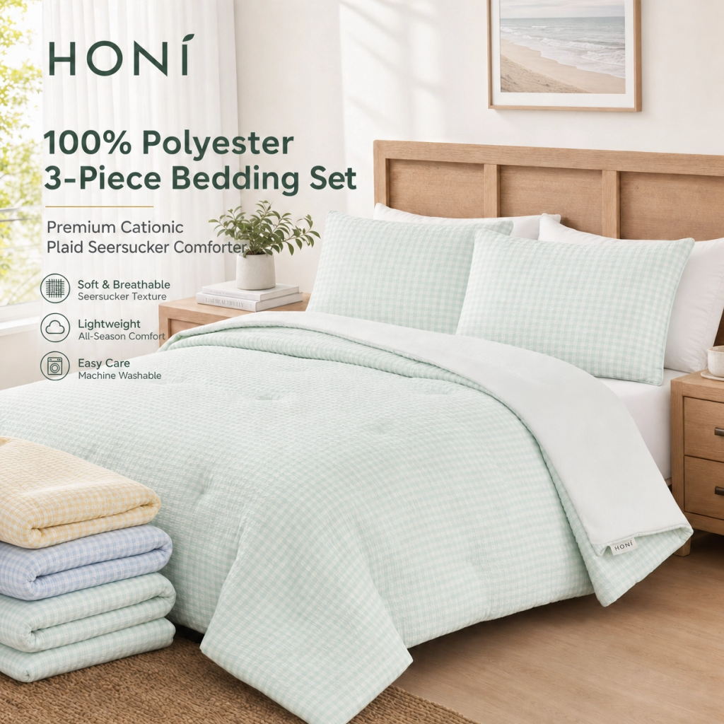 HONI Cationic Plaid Seersucker Comforter – 3-Piece Full/Queen – 135gsm Triple-Spray Cationic Fabric with 95gsm Washed Dyed Reverse