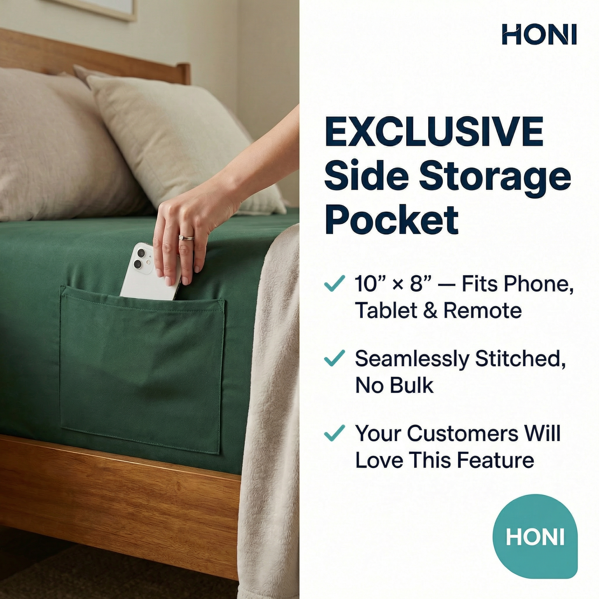 HONI Brushed Microfiber Fitted Sheet Set with Built-in Large Side Pocket – 95GSM Cooling & Anti-Fade Fabric, Compatible with iPad & Smartphones