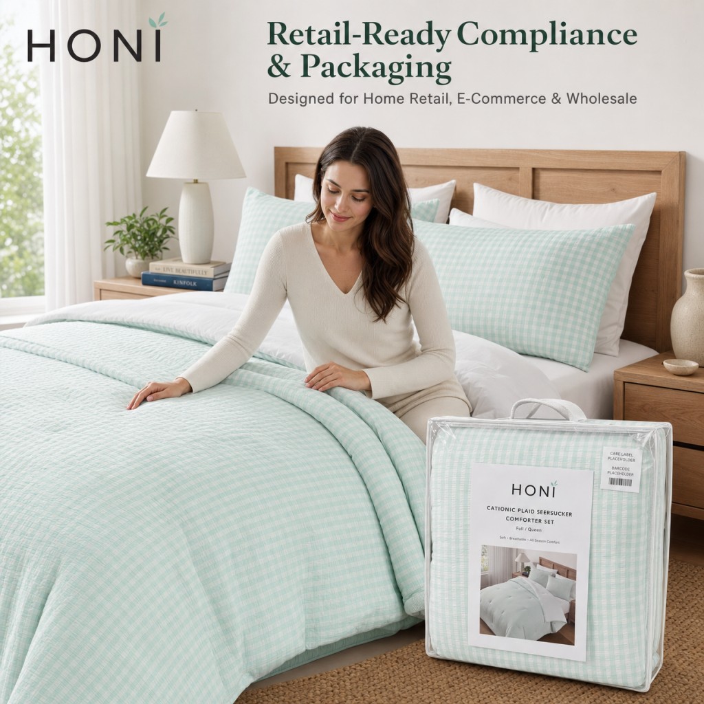 HONI Cationic Plaid Seersucker Comforter – 3-Piece Full/Queen – 135gsm Triple-Spray Cationic Fabric with 95gsm Washed Dyed Reverse
