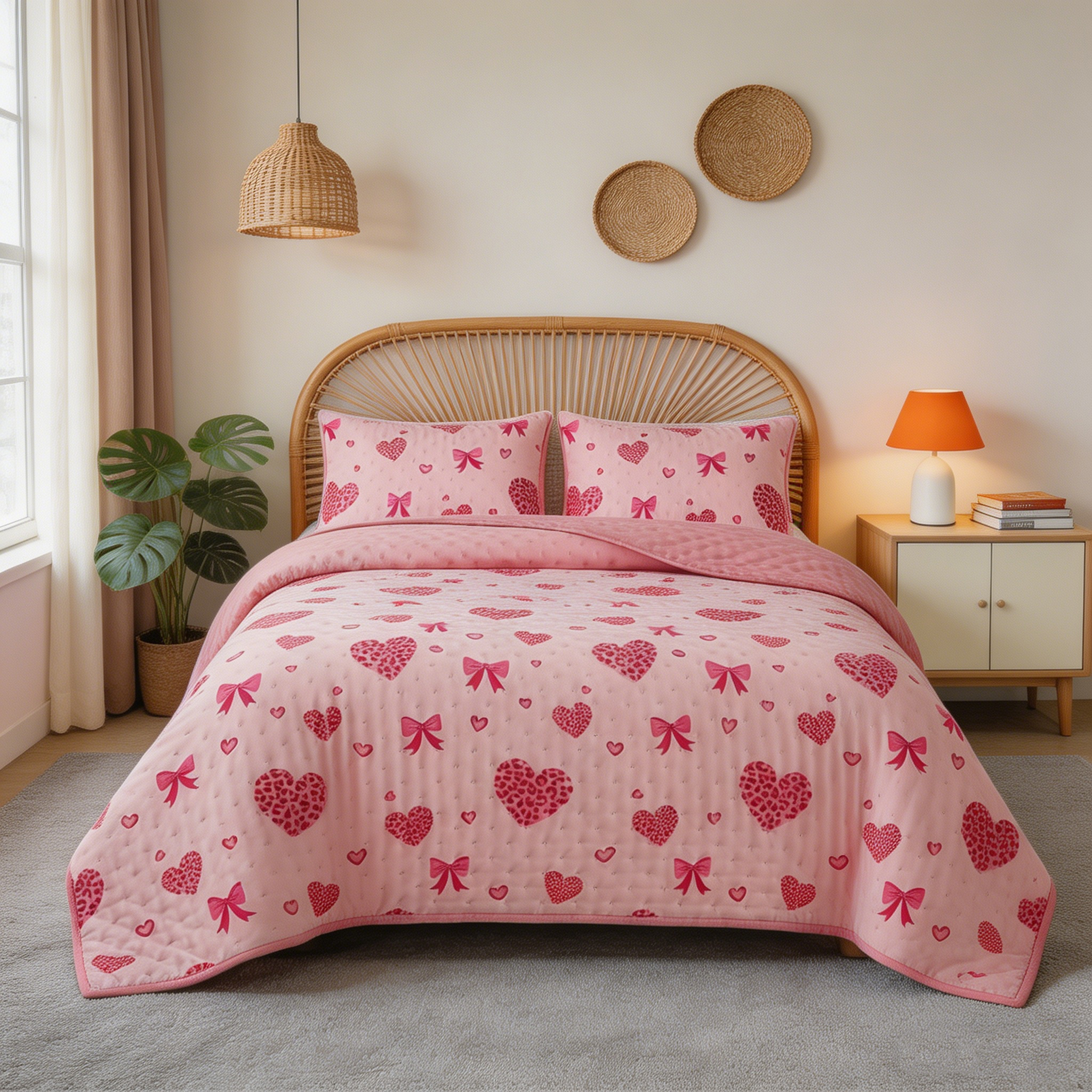 HONI 80gsm Printed Quilt – Bow Tie + Blush Pink