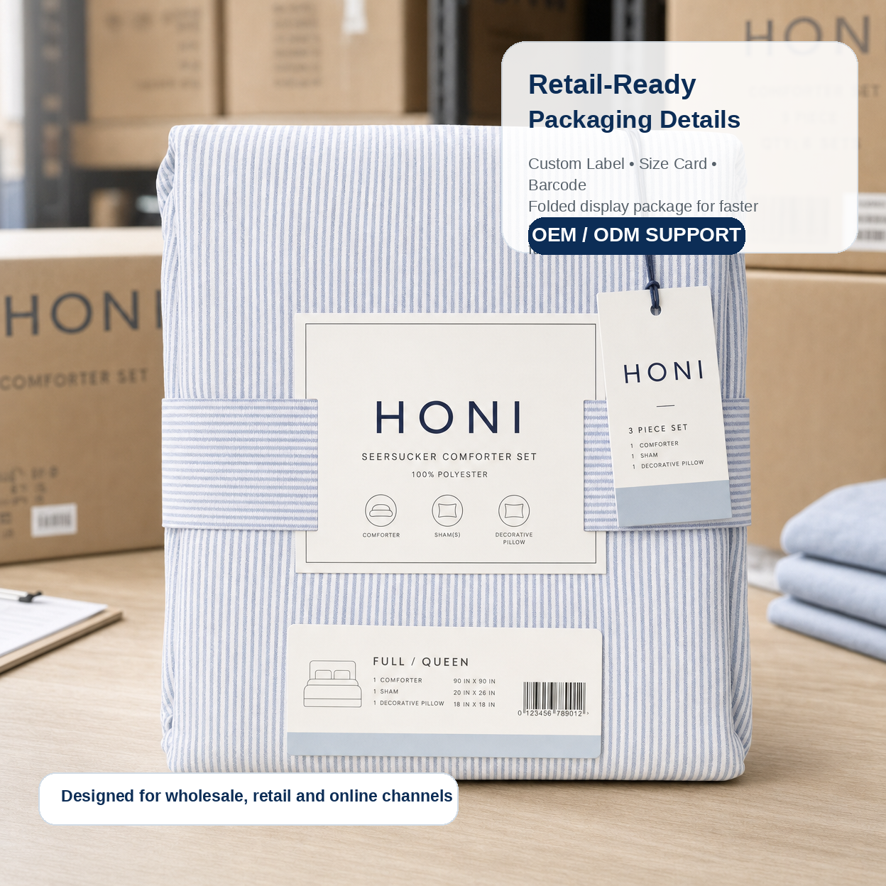 125gsm Fine Crinkle Stripe Seersucker &95gsm Washed Dyed Comforter-3-Piece Bedding Set (B2B Ready)
