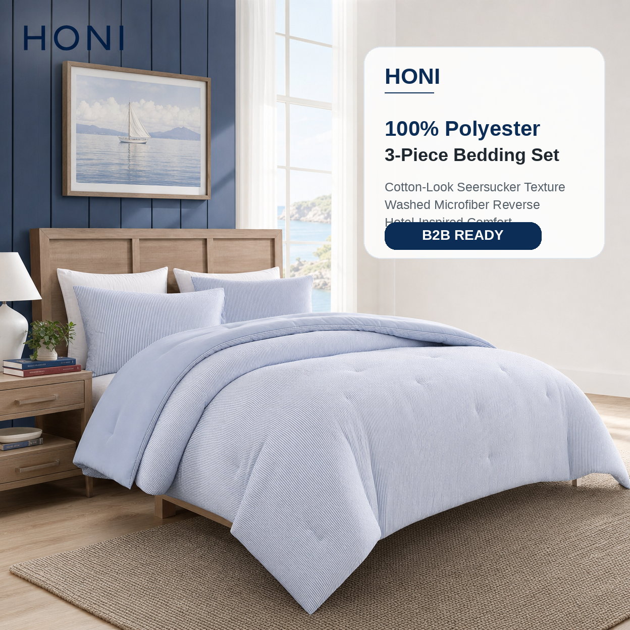 125gsm Fine Crinkle Stripe Seersucker &95gsm Washed Dyed Comforter-3-Piece Bedding Set (B2B Ready)