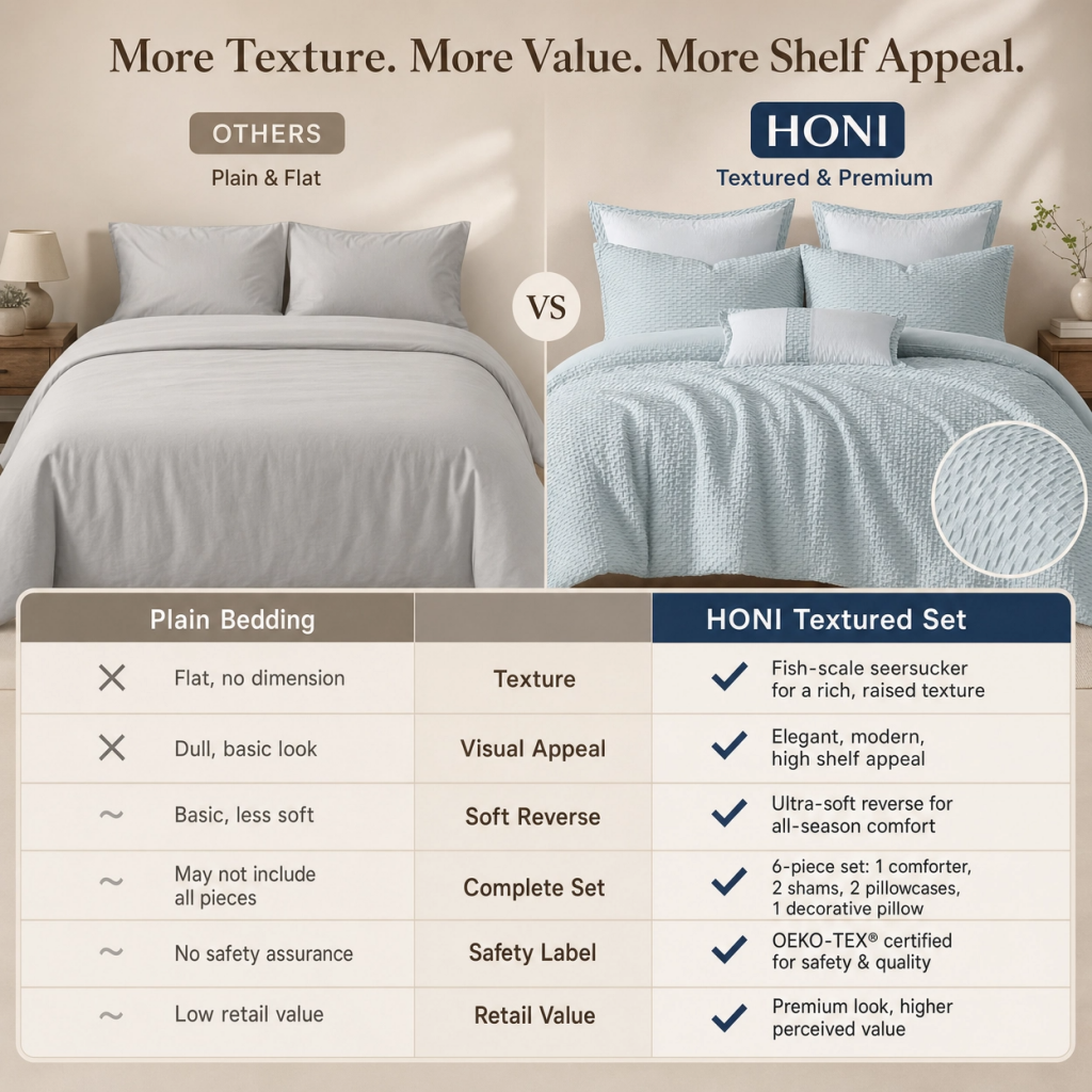 HONI 180gsm Fish Scale Seersucker + 85gsm Washed Brushed Fabric 6-Piece Comforter Set – Dual-Tone Textured Luxury Bedding