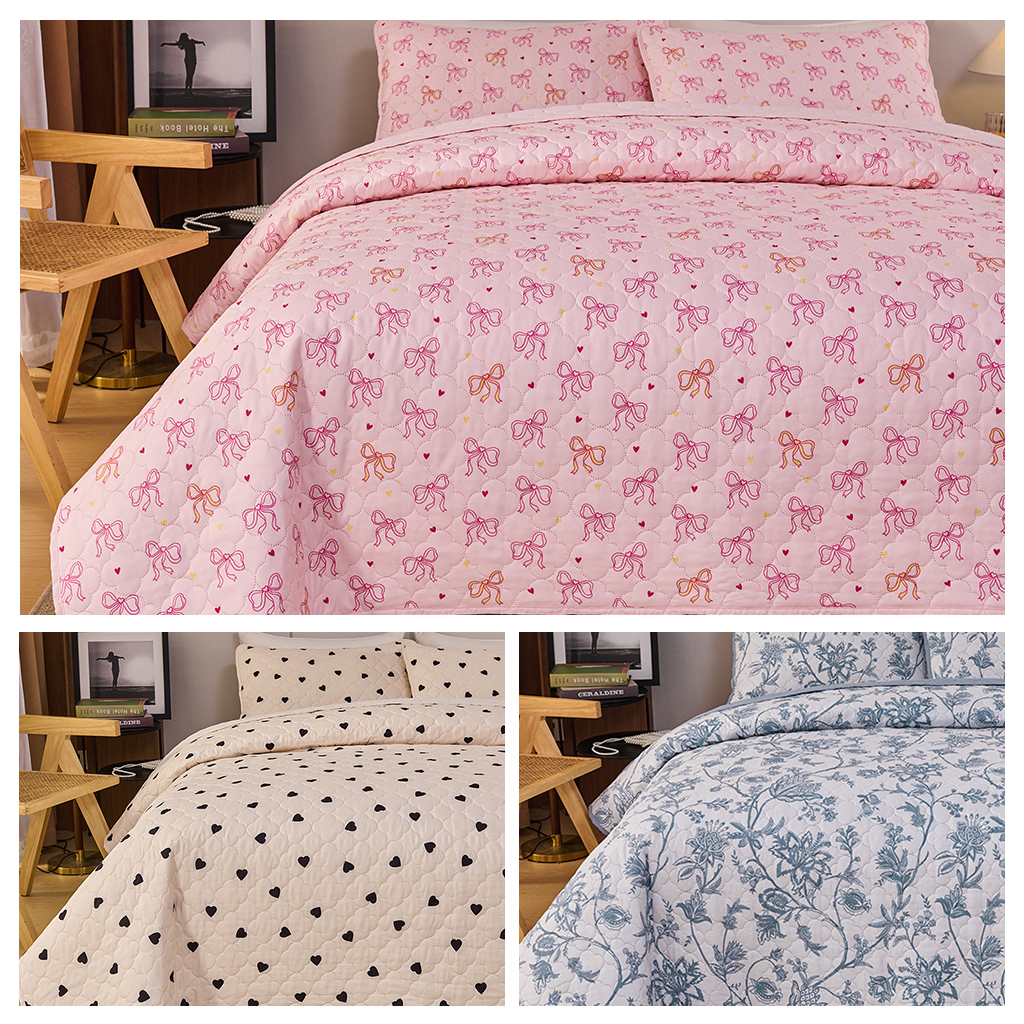 HONI 80gsm Printed Quilted Blanket – Cream White with Black Hearts