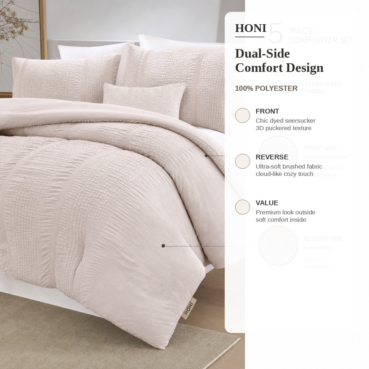 HONI Luxury 5-Piece Seersucker Comforter & Cushion Cover Set Dyed Fine-Stripe Front | Brushed Soft Reverse | 105gsm / 75gsm