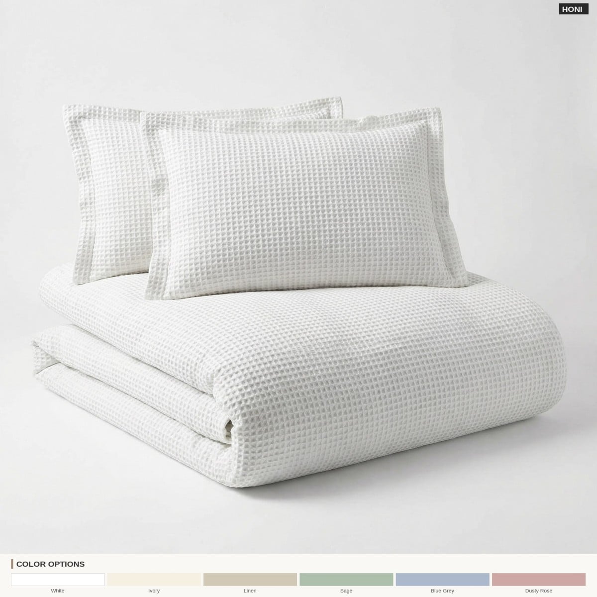 HONI 260gsm 100% Cotton Waffle Weave Duvet Cover Set (3-4 Pieces) – Easy Care, Machine Washable & Fade Resistant – Soft & Smooth Wash After Wash