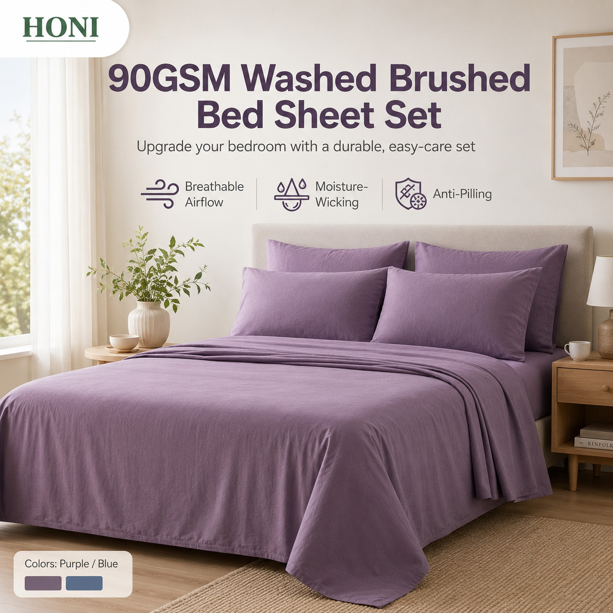 HONI 90GSM Washed Brushed Bed Sheet Set – Breathable, Moisture-Wicking & Temperature-Regulating