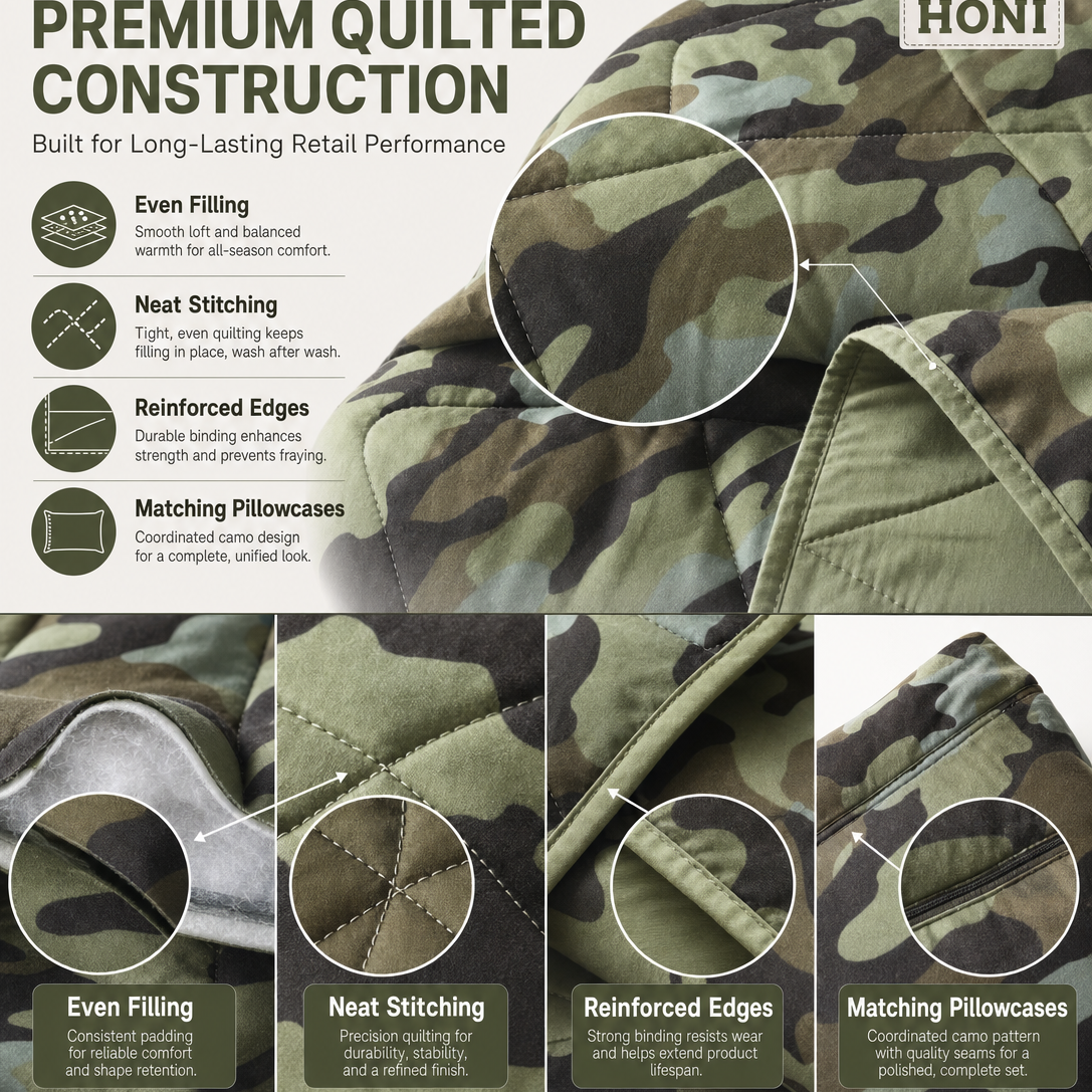 5-Piece Camo Comfort Quilt Set – 95gsm Inkjet & Dyed Quilt + 260gsm Double-Sided Semi-Dull Flannel Blanket + 95gsm Printed Throw Pillows – Retail-Ready Polyester Bedding Set