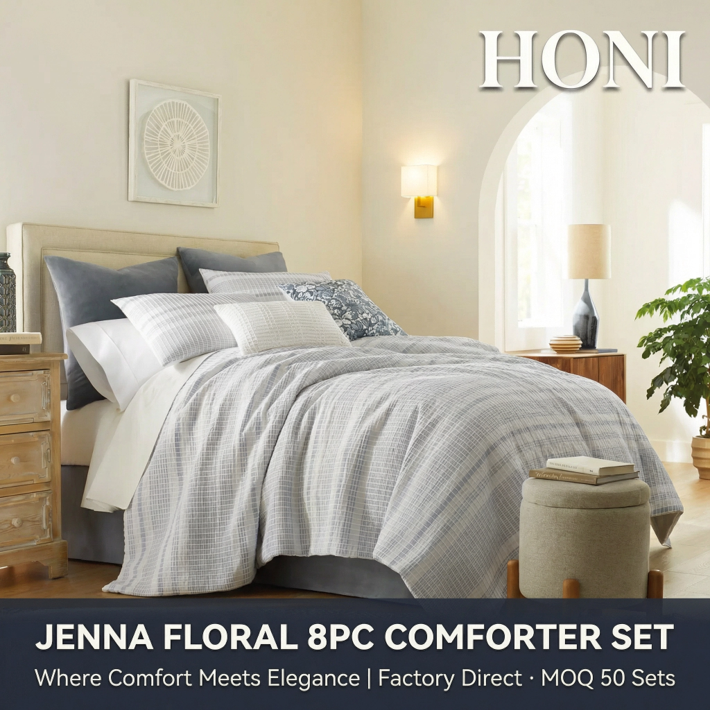 HONI Jenna Floral 8-Piece Yarn-Dyed Comforter Set – Factory Direct | MOQ 50 Sets