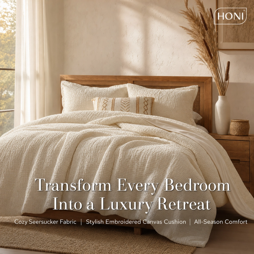 Premium Reversible 4-Piece Comforter Set – 170gsm 4-Way Stretch Crinkle Seersucker + 90gsm Washed Brushed Fabric | All-Season Breathable Bedding for Hotels & Home