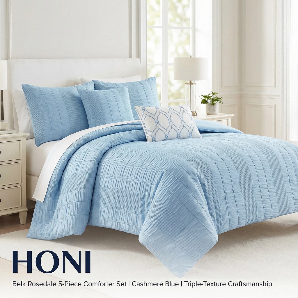 Belk Rosedale Yarn-Dyed 5-Piece Comforter Set – Cashmere Blue with Triple-Texture Craftsmanship