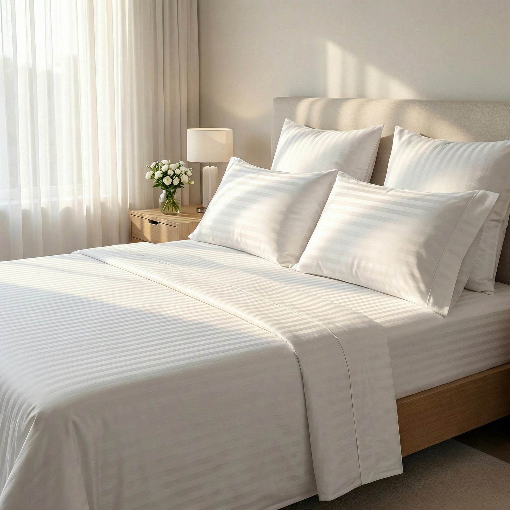HONI 340TC 100% Cotton Satin Stripe Sheet Set– Deep Pocket 35cm, Hotel Quality, OEKO-TEX® Certified