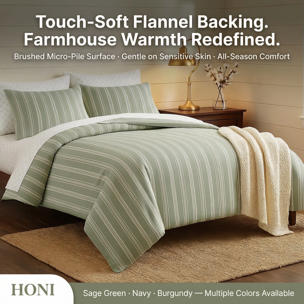 HONI  Farmhouse 5-7 Piece Comforter Set – 90gsm Washed Printed & Dyed Comforter + 85gsm Dispersal Printed Sheets
