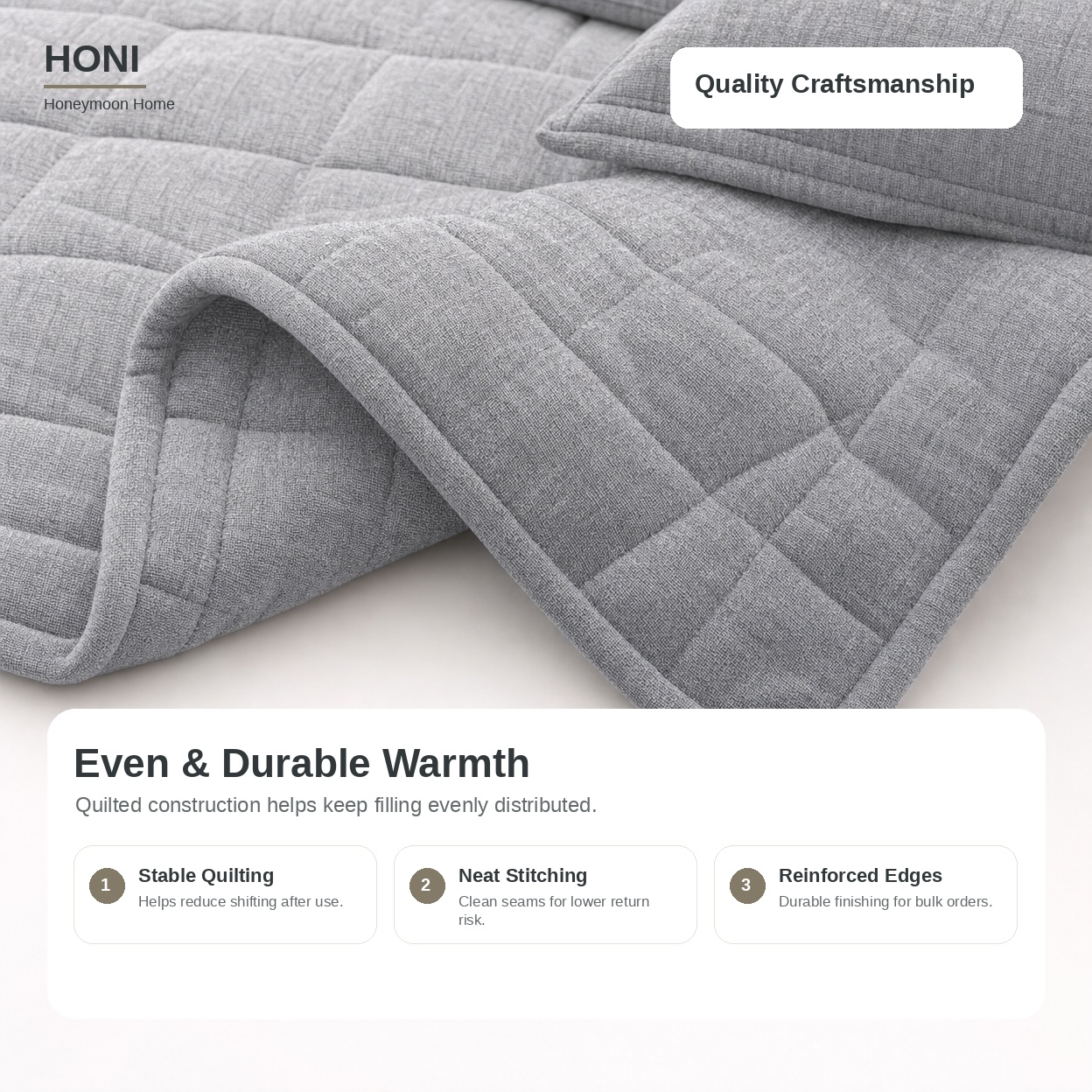 HONI 80GSM Yarn-Dyed Slub Polyester Quilt Set – 3-Piece Hotel Style Bedding Set
