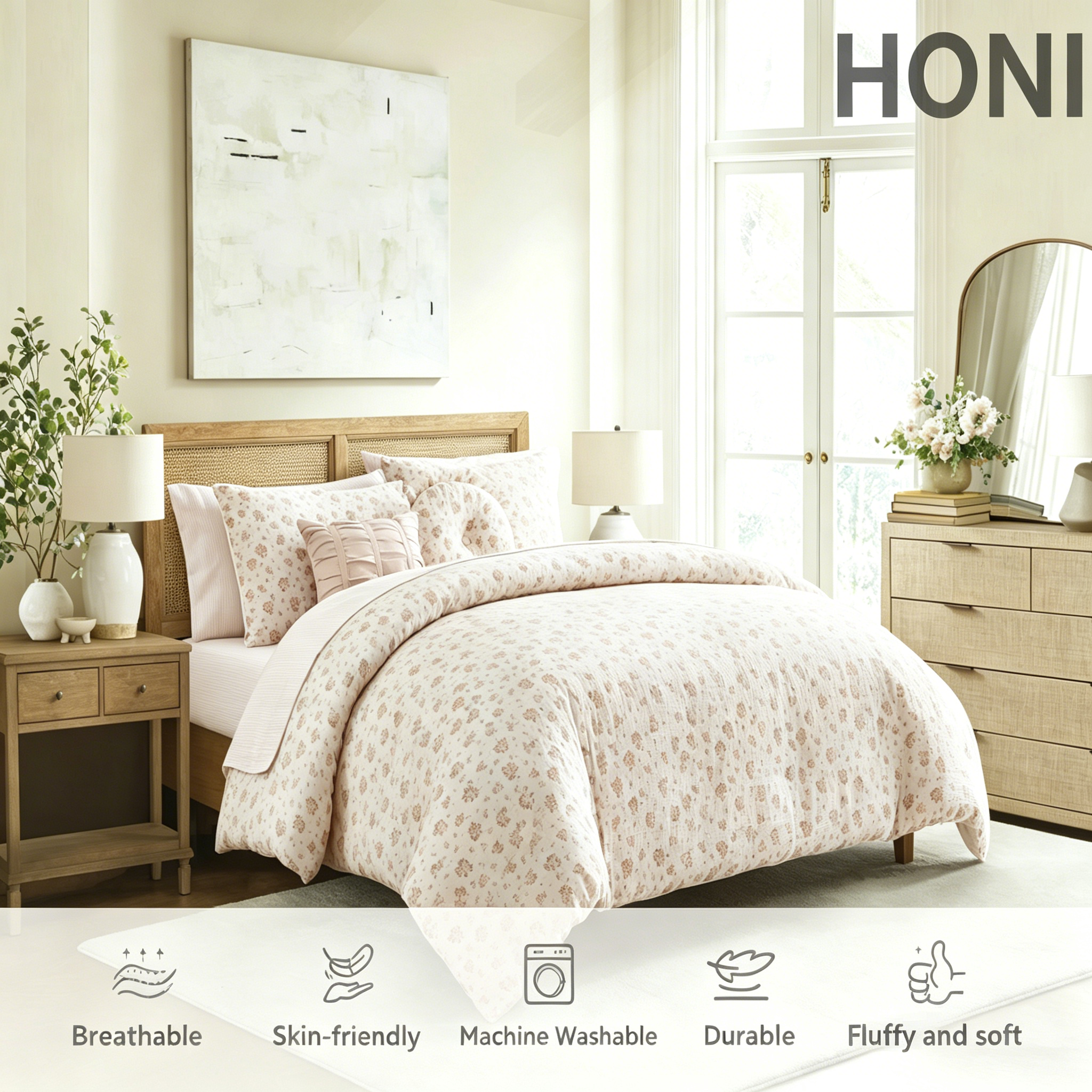 HONI 140g Polyester Gauze Floral Print Comforter Set – 9-Piece Lightweight Breathable Bedding Set, Soft & Fluffy & Machine Washable