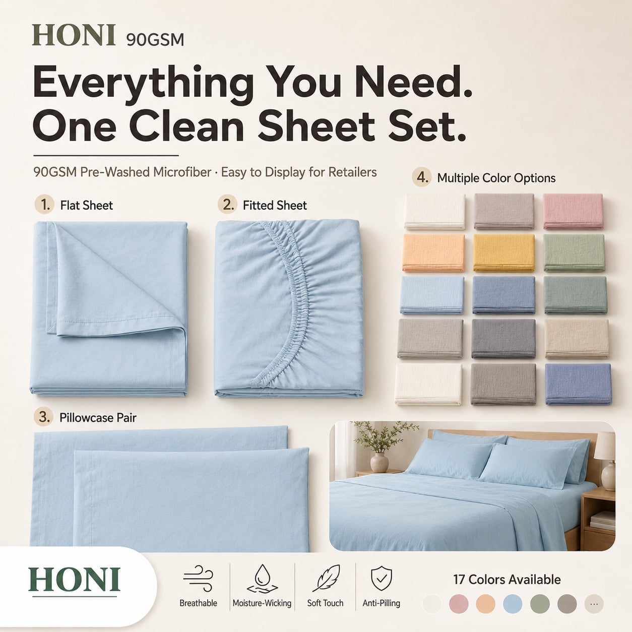 HONI 90GSM Washed Brushed Bed Sheet Set – Breathable, Moisture-Wicking & Temperature-Regulating