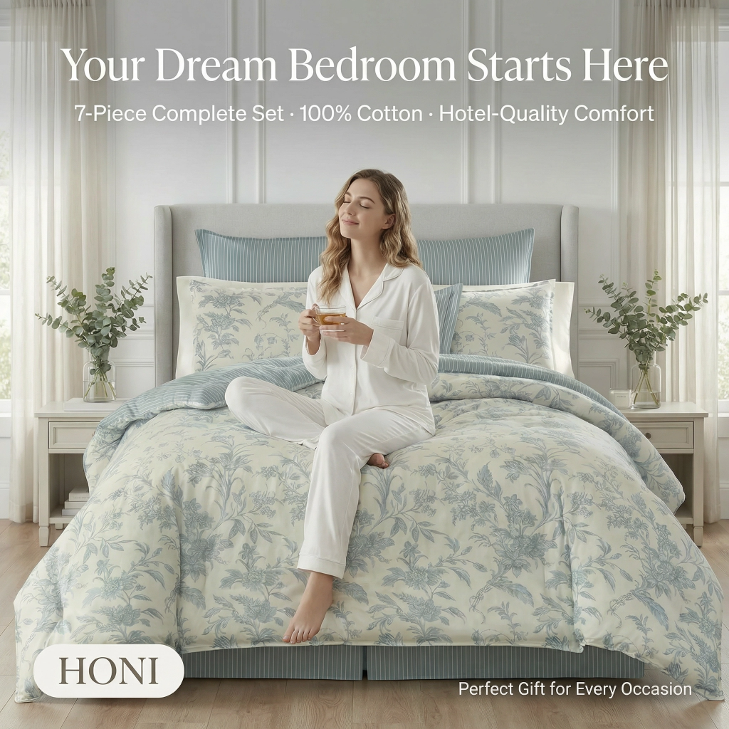 HONI Premium Botanical 7-Piece Bedding Set 180T 100% Cotton | Factory Direct | OEM/ODM Available