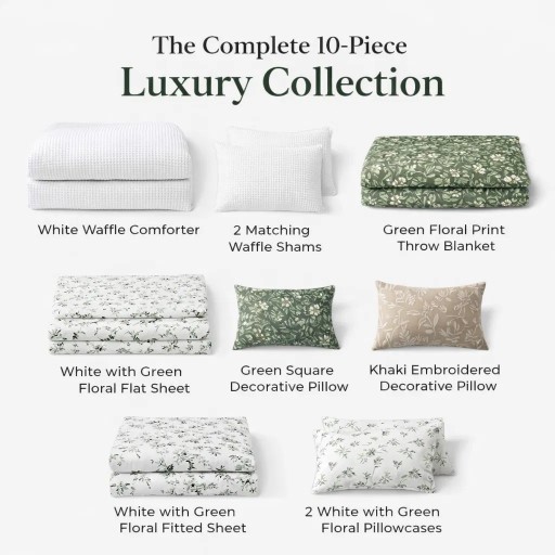Vintage Charm Meets Modern Comfort – Complete 10-Piece Luxury Waffle Texture Comforter Set (White)