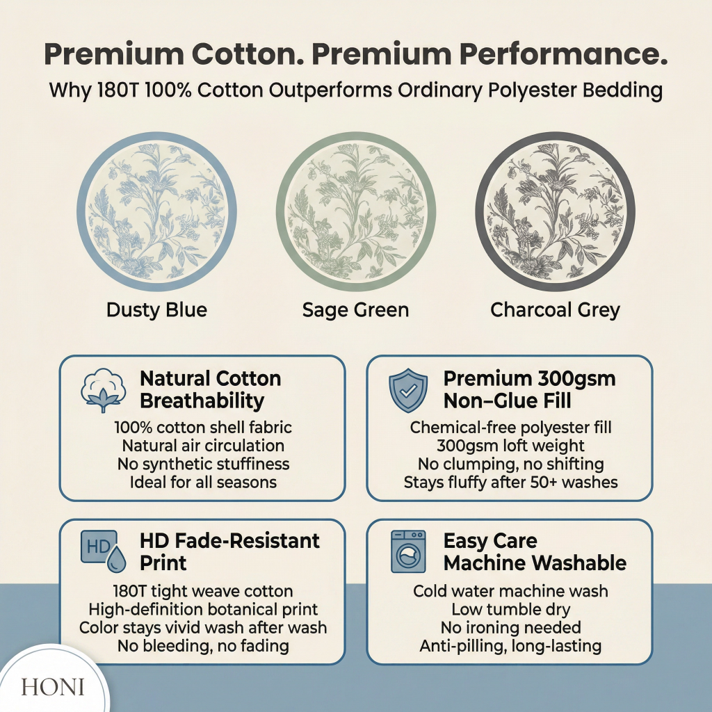 HONI Premium Botanical 7-Piece Bedding Set 180T 100% Cotton | Factory Direct | OEM/ODM Available