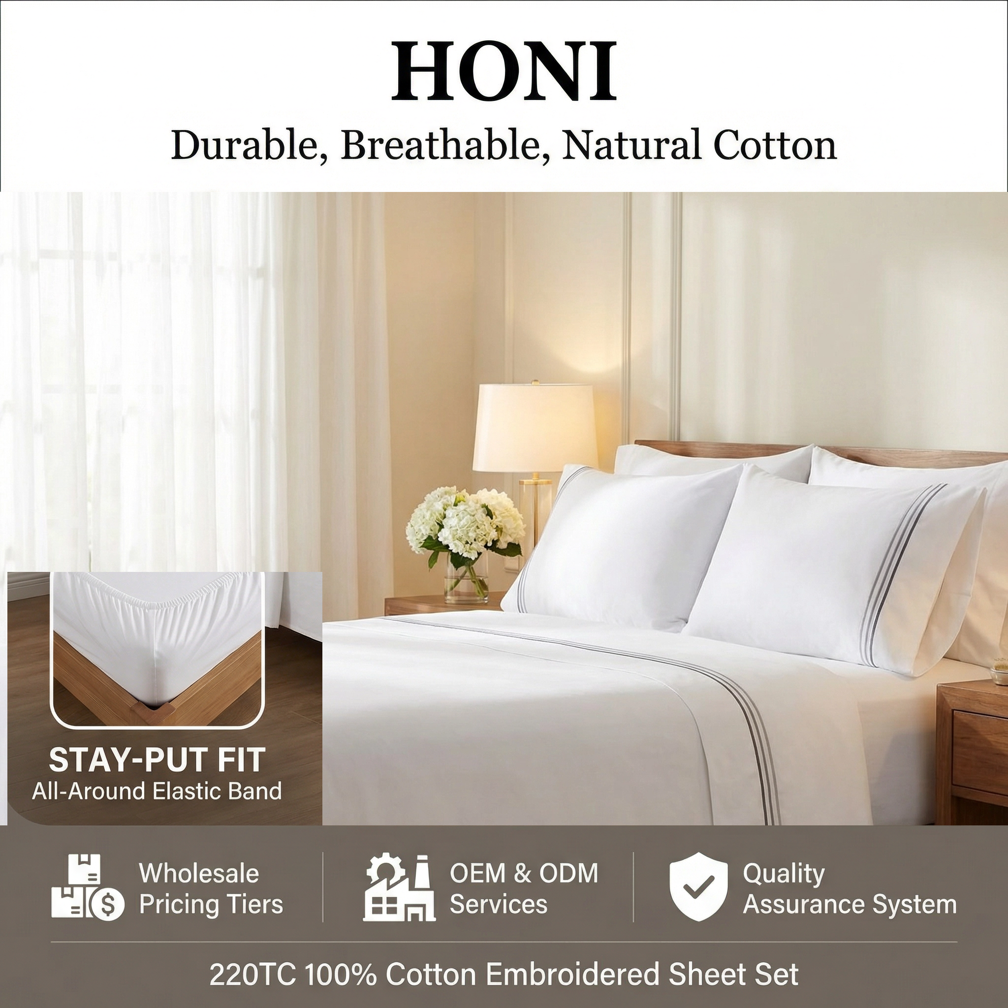 220TC 100% Cotton Sateen Embroidered Sheet Set – Dyed, Breathable & Stay-Put Fit