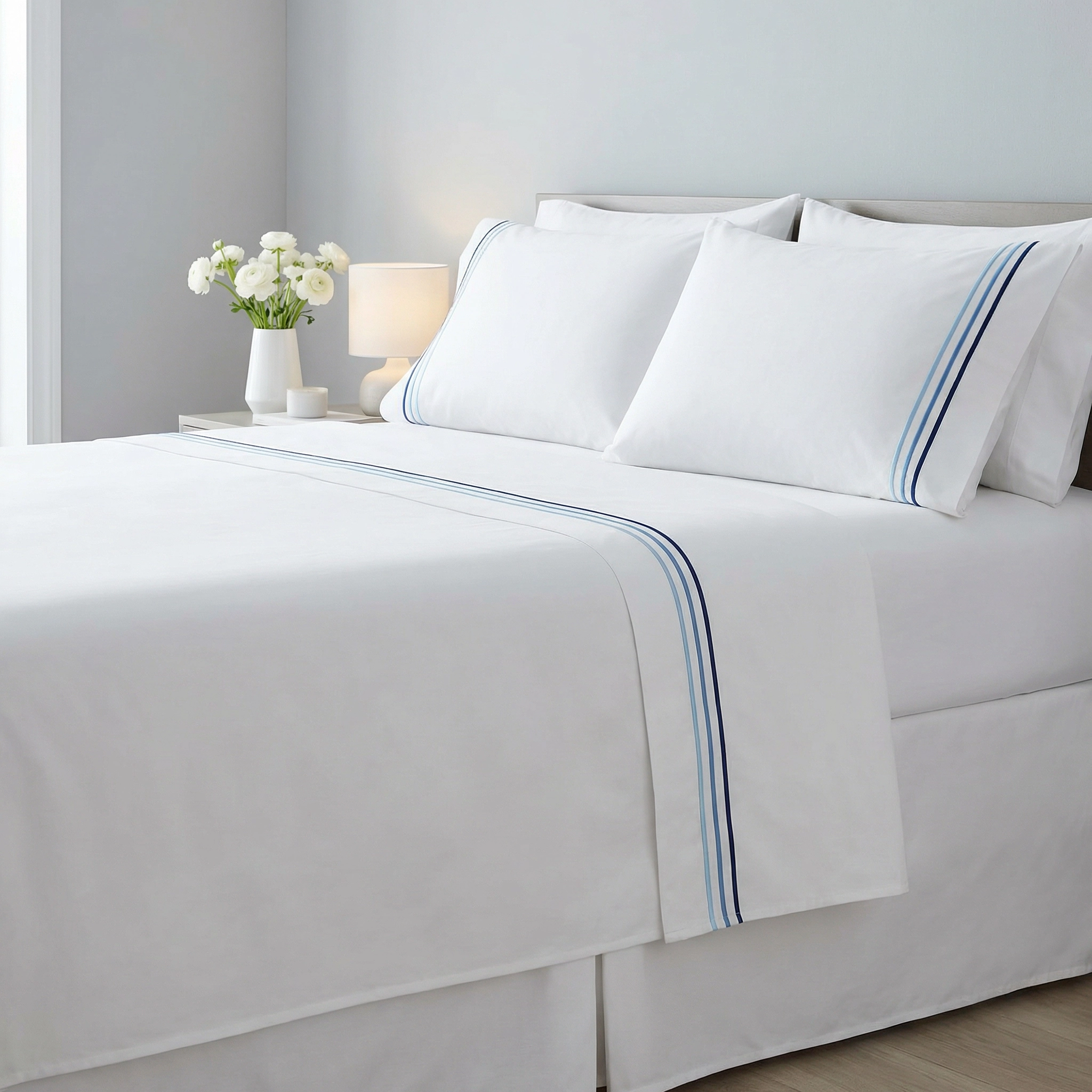 220TC 100% Cotton Sateen Embroidered Sheet Set – Dyed, Breathable & Stay-Put Fit