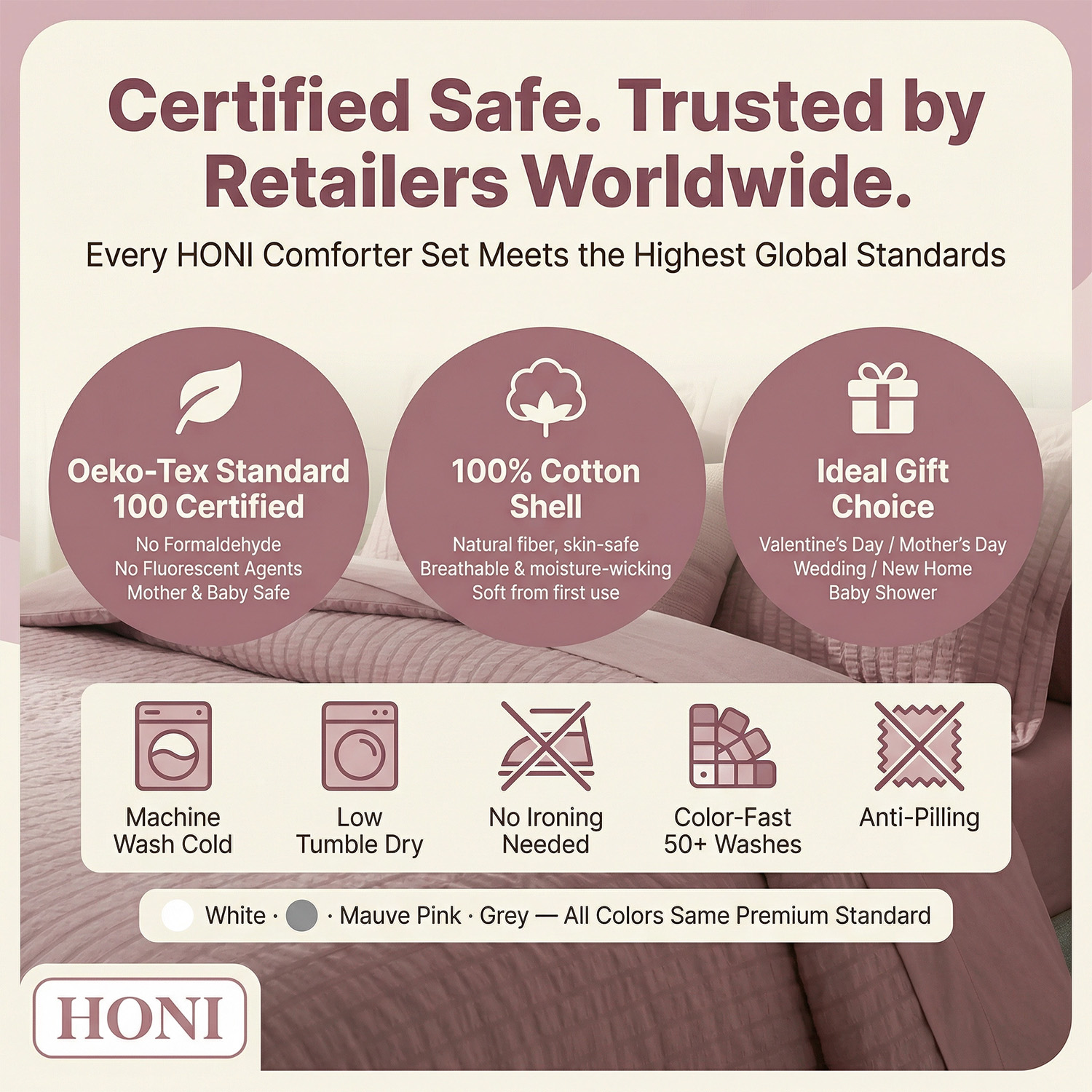HONI Modern 5pcs Breathable Cooling 110gsm Seersucker Bedding Set 75gsm Solid Microfiber Comforter Set