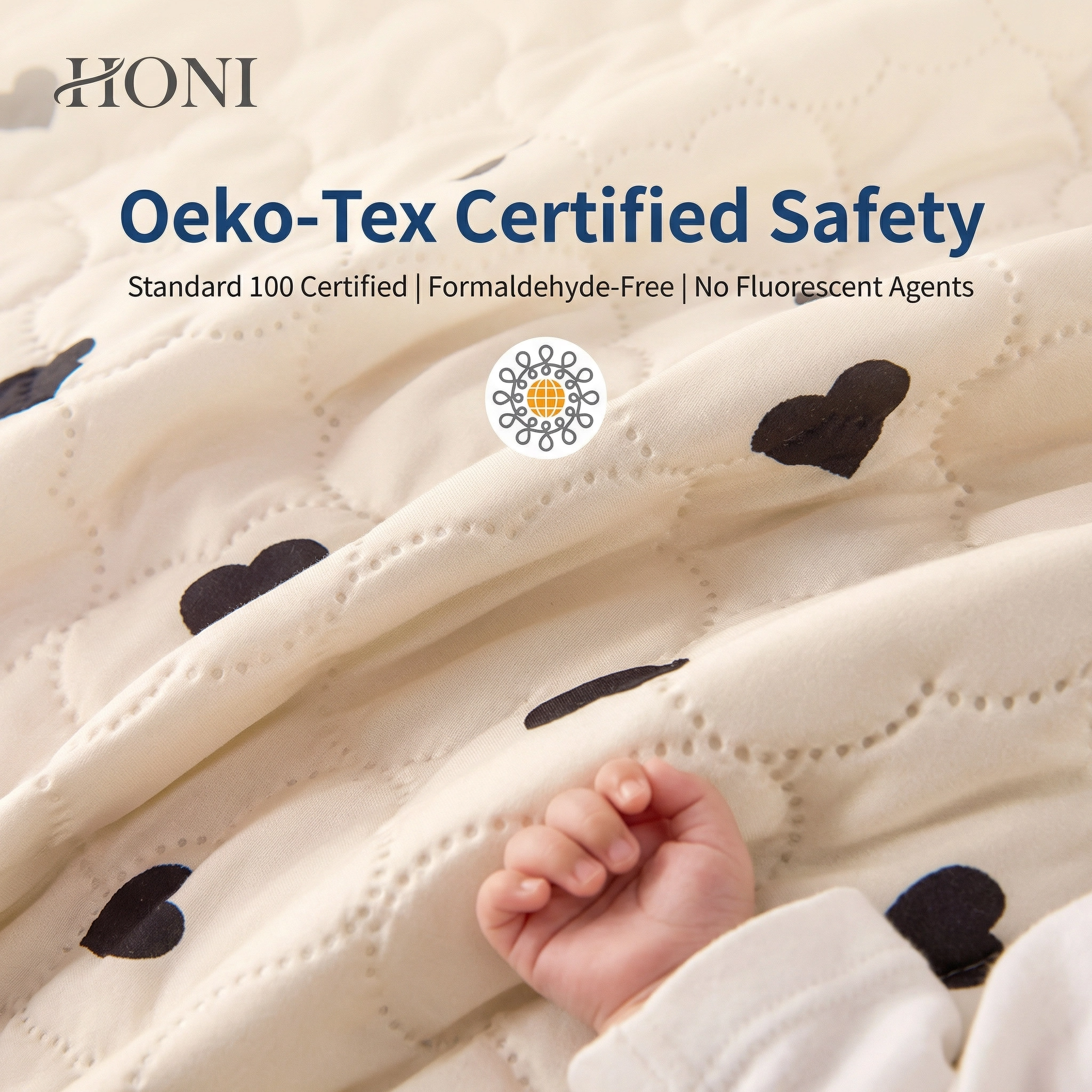 HONI 80gsm Printed Quilted Blanket – Cream White with Black Hearts