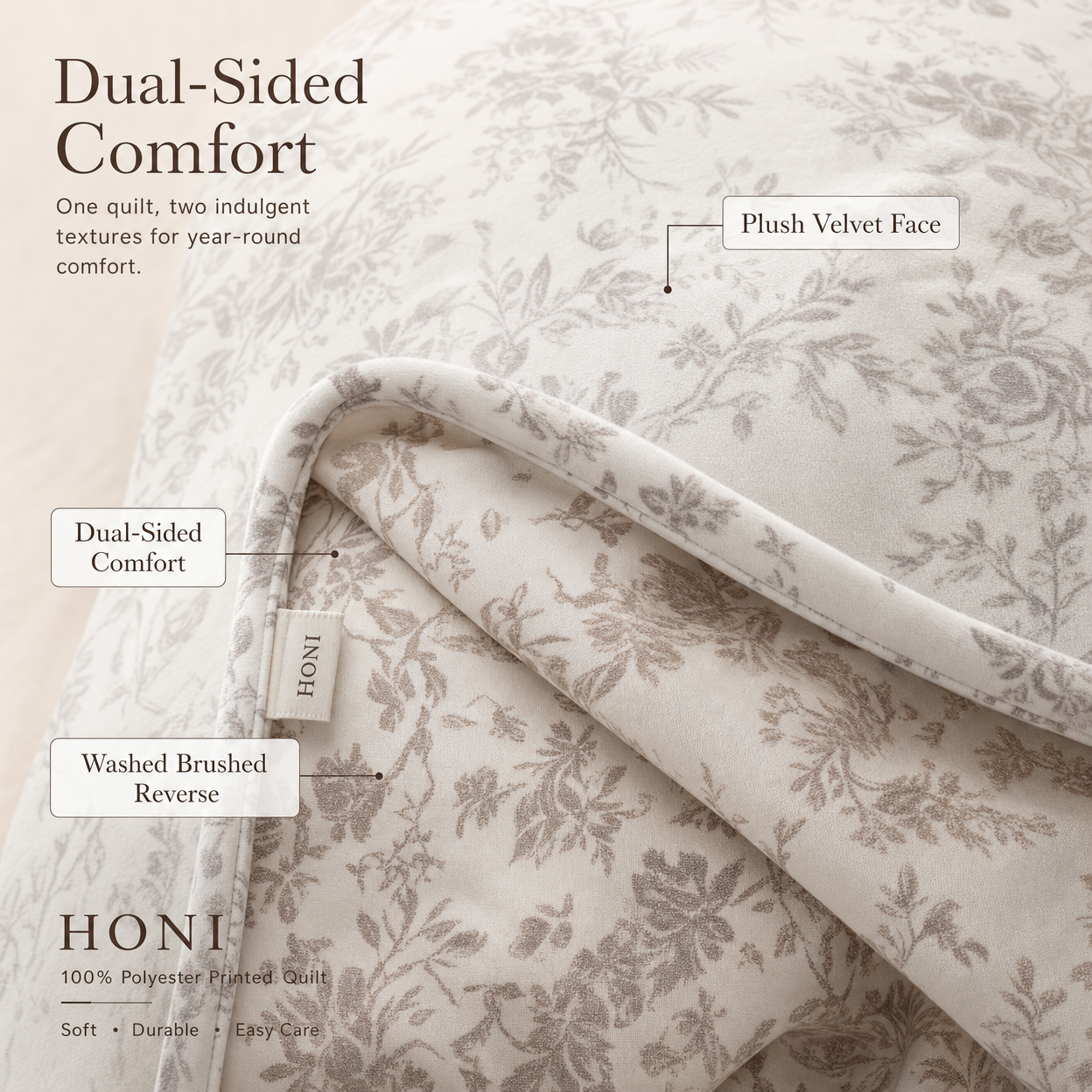 HONI 3-Piece Reversible Quilt Set – 200g Matte Velvet Print / 90gsm Washed Fabric – Soft Velvet Touch, All-Season Comfort (1 Quilt + 2 Pillowcases)