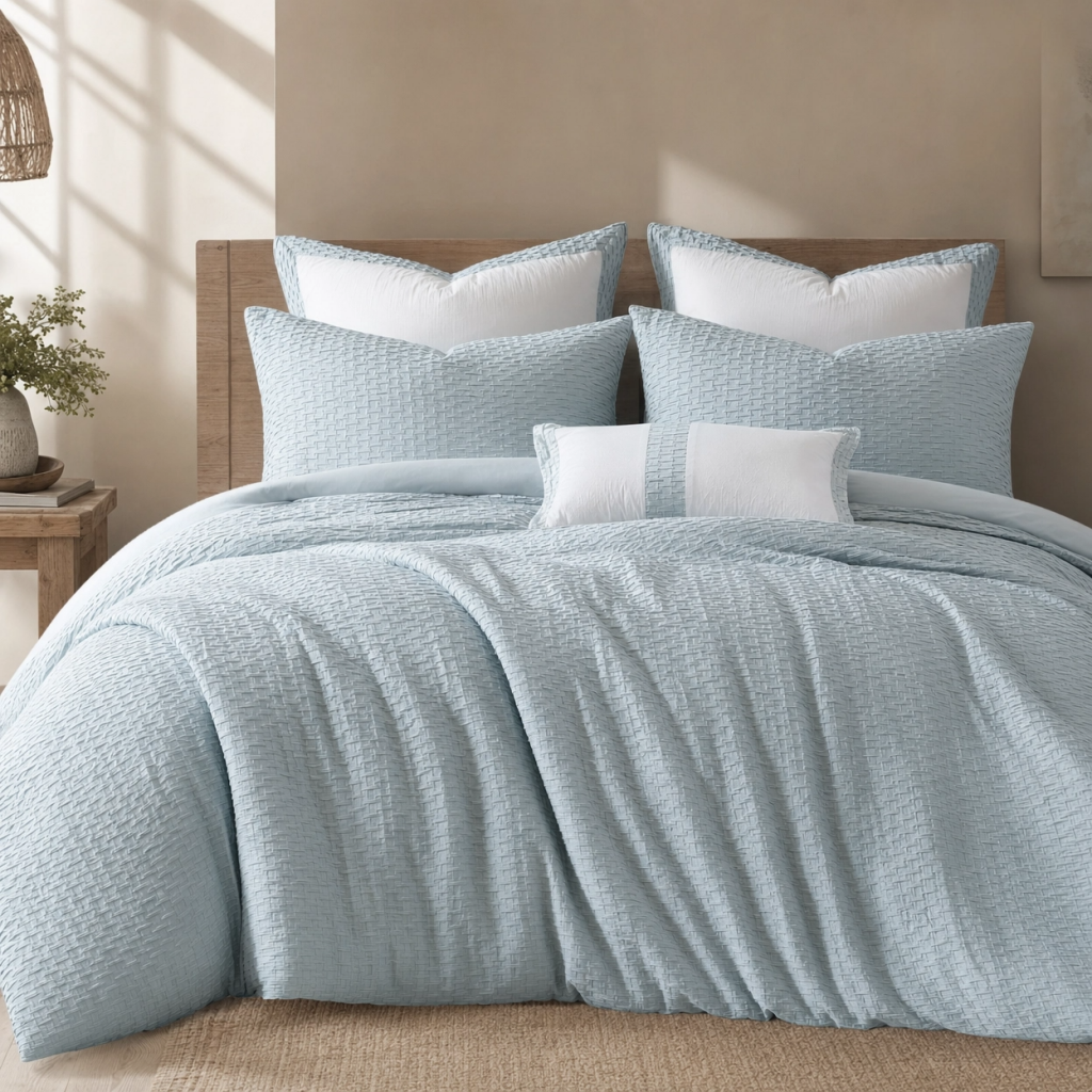 HONI 180gsm Fish Scale Seersucker + 85gsm Washed Brushed Fabric 6-Piece Comforter Set – Dual-Tone Textured Luxury Bedding